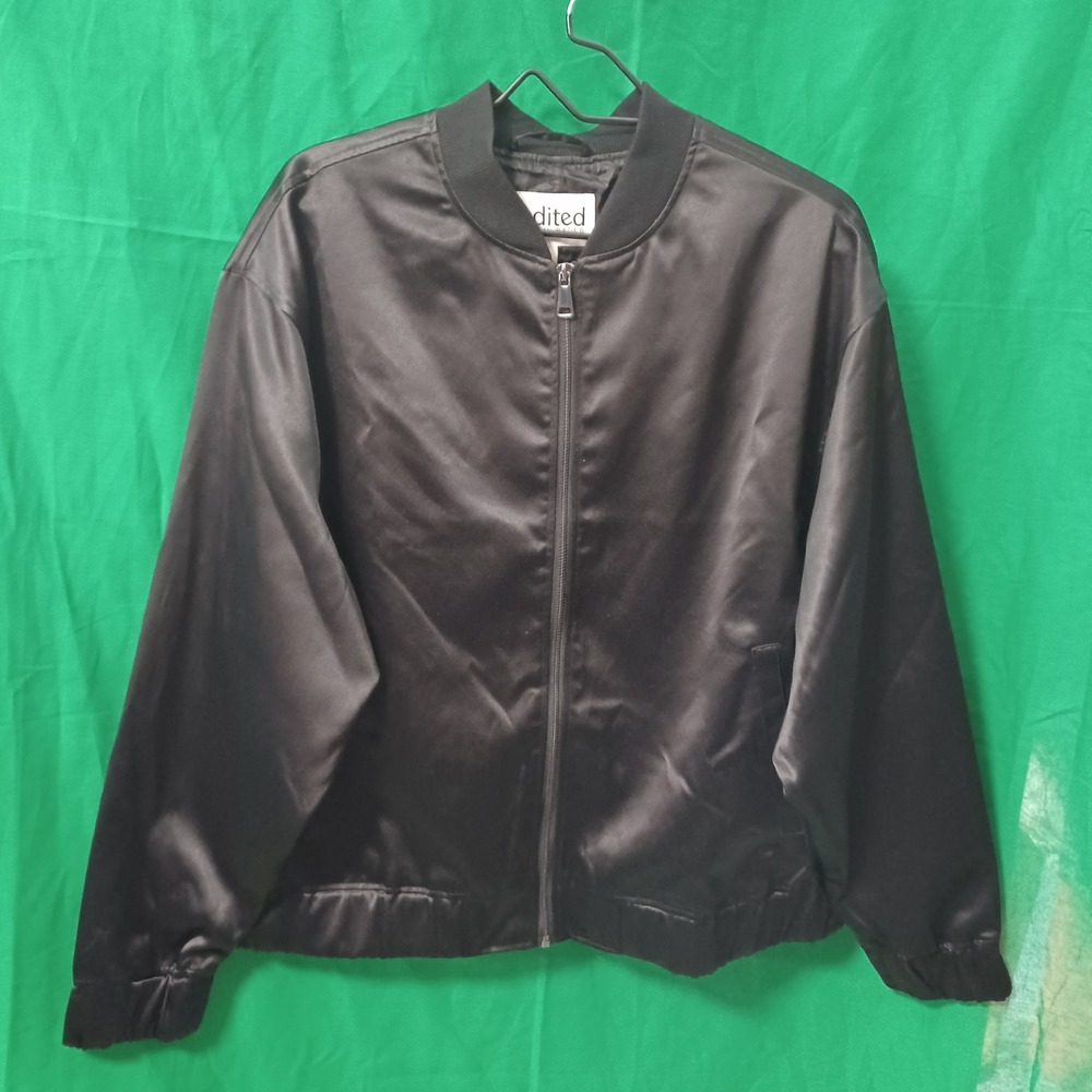 Edited by Remi Bader Black Satin Bomber Jacket Full Zip Plus Size 1X ERW5006